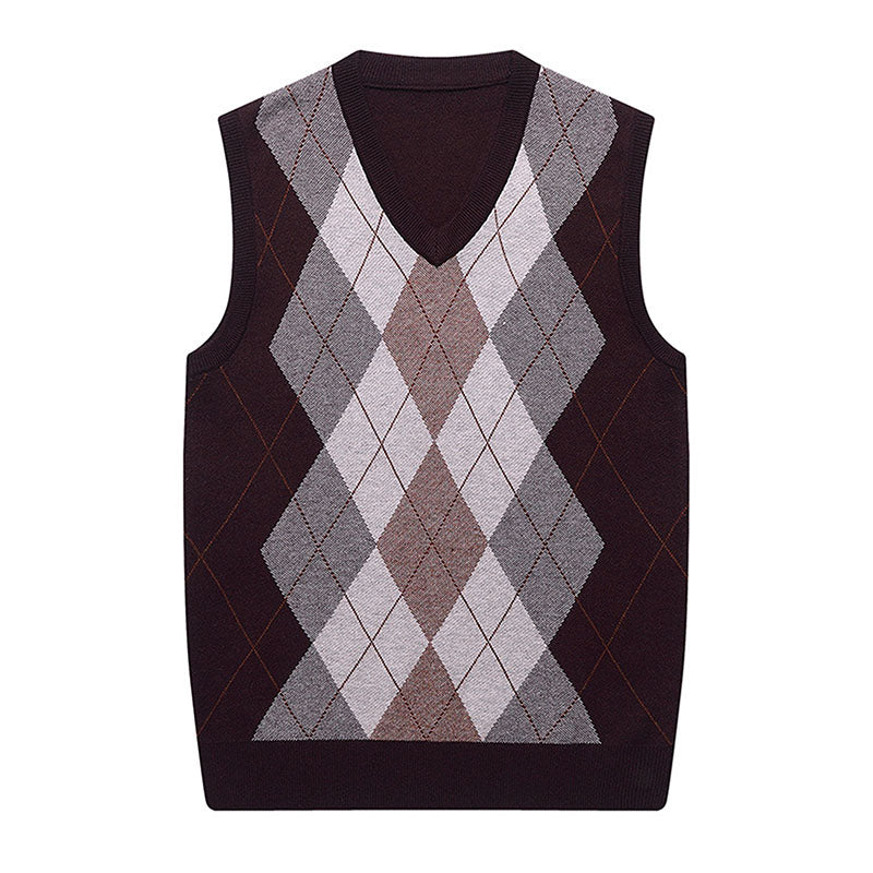 Hanerdun Men Sweater Vests Male Argyle Wool Blend V Neck Sleevless Knit Pullover
