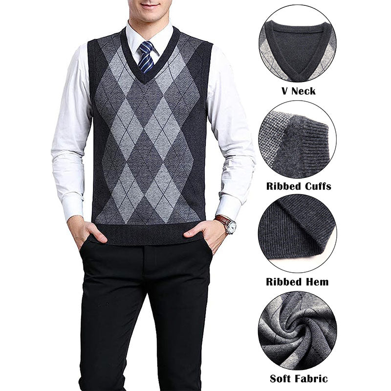 Hanerdun Men Sweater Vests Male Argyle Wool Blend V Neck Sleevless Knit Pullover