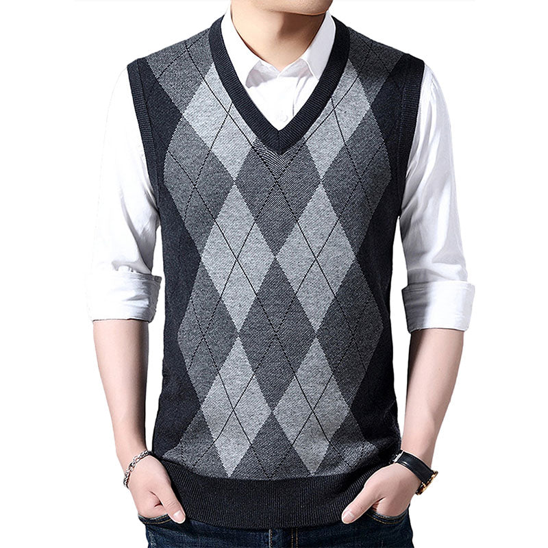 Hanerdun Men Sweater Vests Male Argyle Wool Blend V Neck Sleevless Knit Pullover
