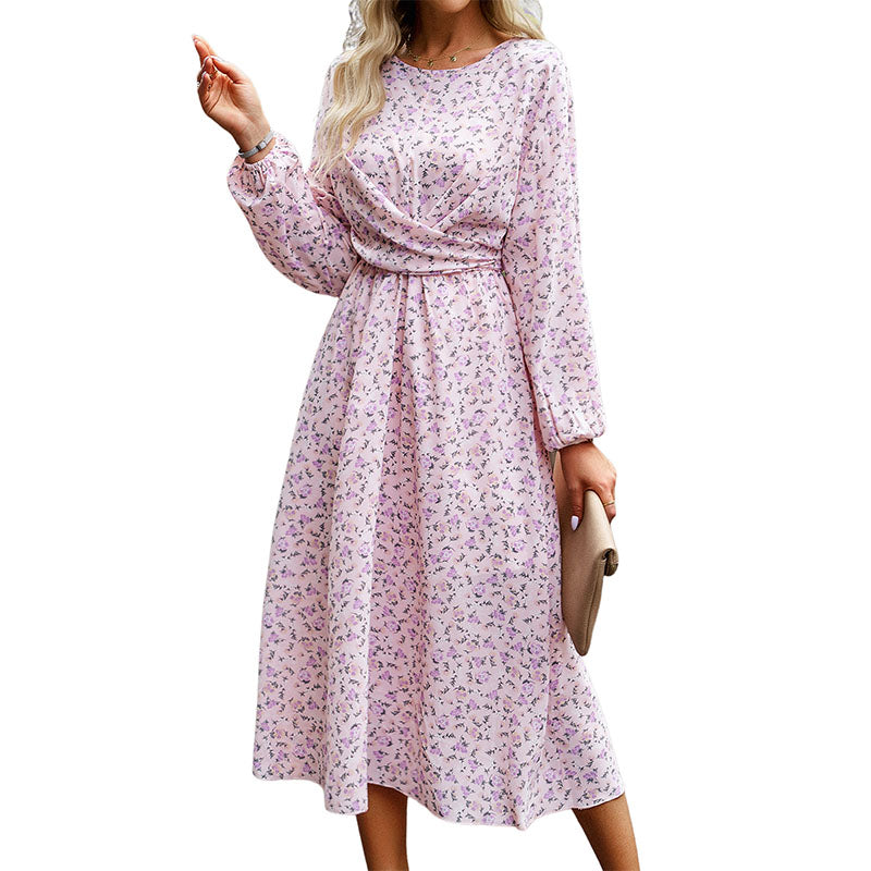 Hanerdun Women Floral Belted Dress Female Long Sleeve A-Line Midi Party Dress