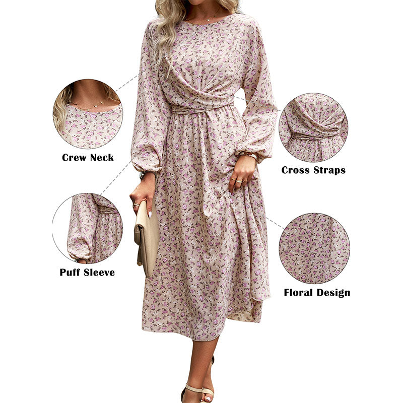 Hanerdun Women Floral Belted Dress Female Long Sleeve A-Line Midi Party Dress