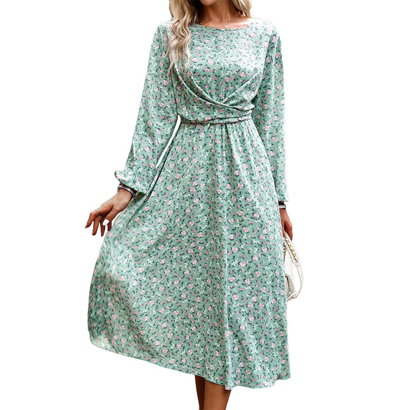 Hanerdun Women Floral Belted Dress Female Long Sleeve A-Line Midi Party Dress