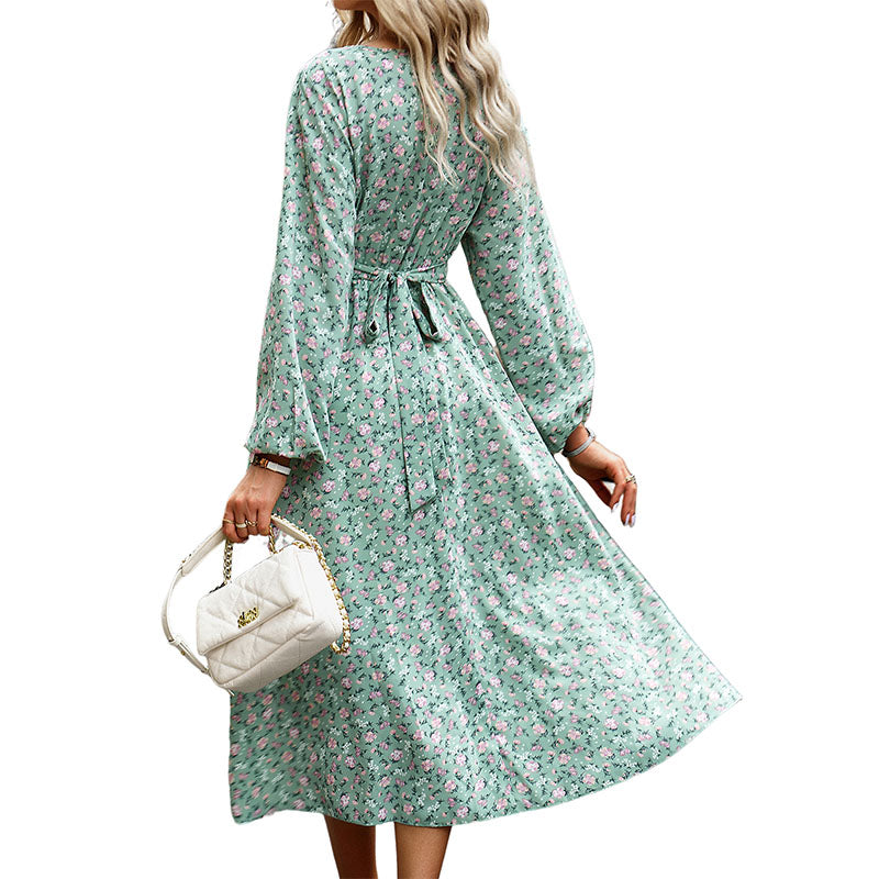 Hanerdun Women Floral Belted Dress Female Long Sleeve A-Line Midi Party Dress