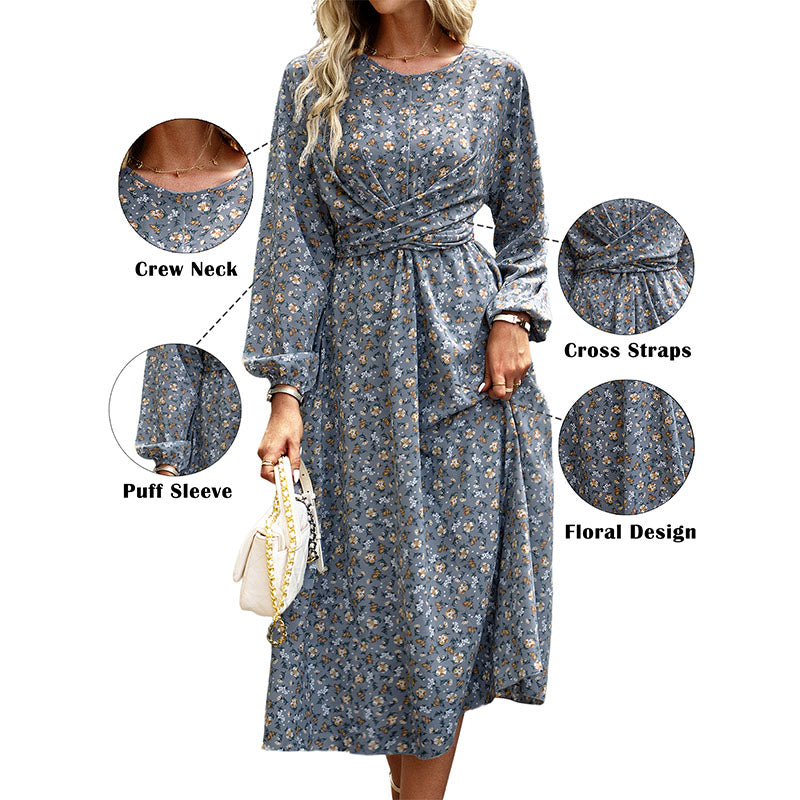 Hanerdun Women Floral Belted Dress Female Long Sleeve A-Line Midi Party Dress
