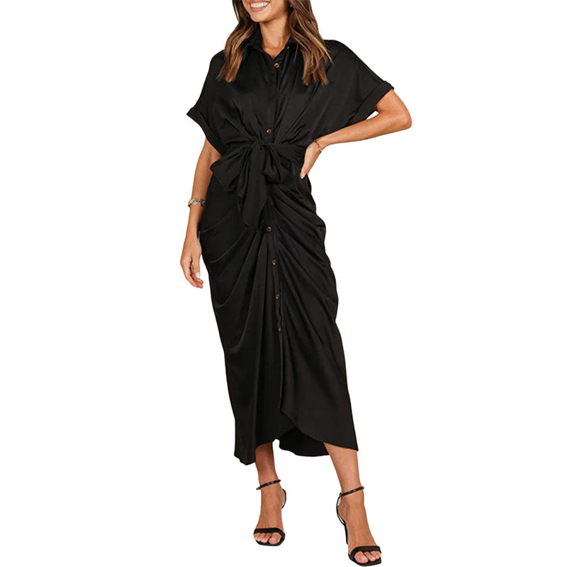 Hanerdun Women Button Down Ruched Shirt Dresses V Neck Belted Party Maxi Satin Dress