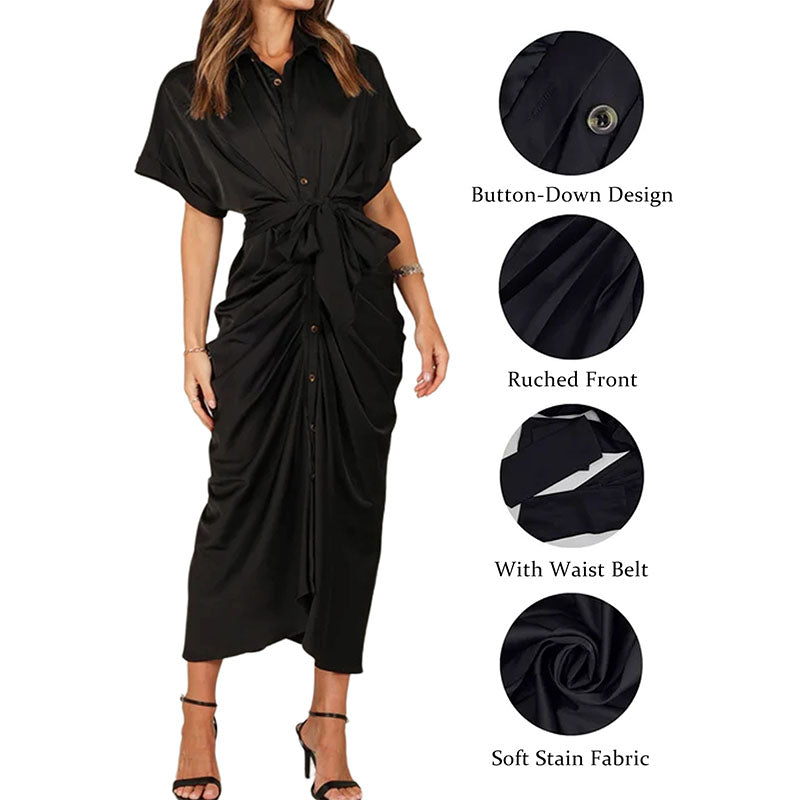 Hanerdun Women Button Down Ruched Shirt Dresses V Neck Belted Party Maxi Satin Dress