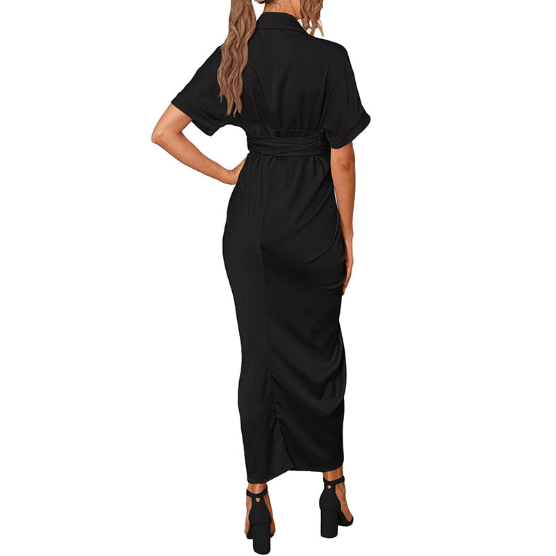 Hanerdun Women Button Down Ruched Shirt Dresses V Neck Belted Party Maxi Satin Dress