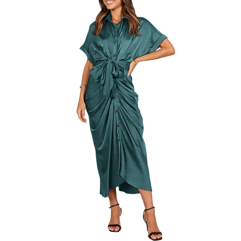 Hanerdun Women Button Down Ruched Shirt Dresses V Neck Belted Party Maxi Satin Dress