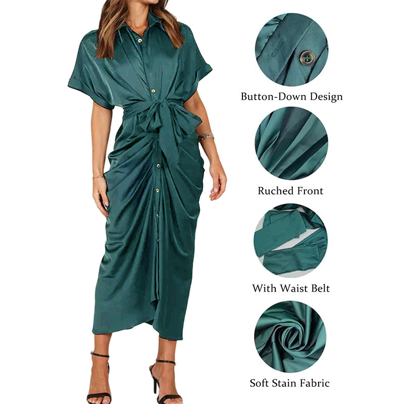 Hanerdun Women Button Down Ruched Shirt Dresses V Neck Belted Party Maxi Satin Dress