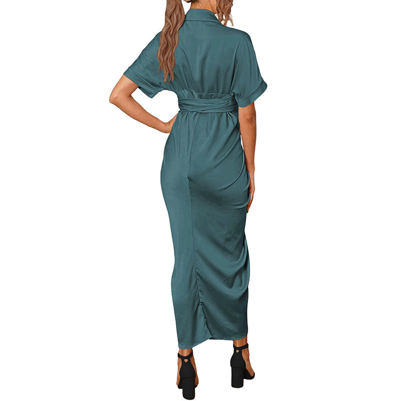 Hanerdun Women Button Down Ruched Shirt Dresses V Neck Belted Party Maxi Satin Dress