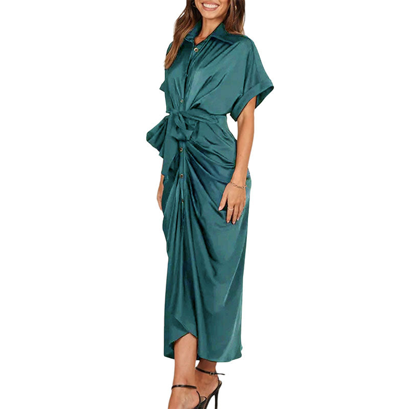 Hanerdun Women Button Down Ruched Shirt Dresses V Neck Belted Party Maxi Satin Dress