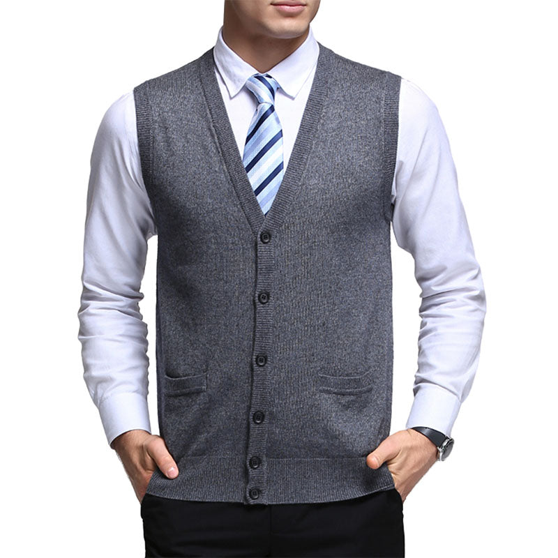 Hanerdun Men Knit Cardigan Vest Male Wool Blend V-Neck Pocket Sleeveless Sweaters