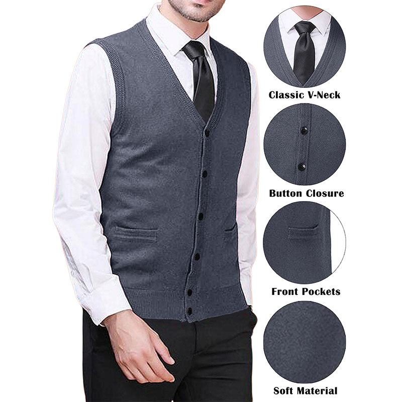 Hanerdun Men Knit Cardigan Vest Male Wool Blend V-Neck Pocket Sleeveless Sweaters