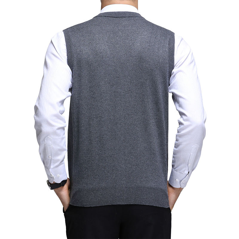 Hanerdun Men Knit Cardigan Vest Male Wool Blend V-Neck Pocket Sleeveless Sweaters