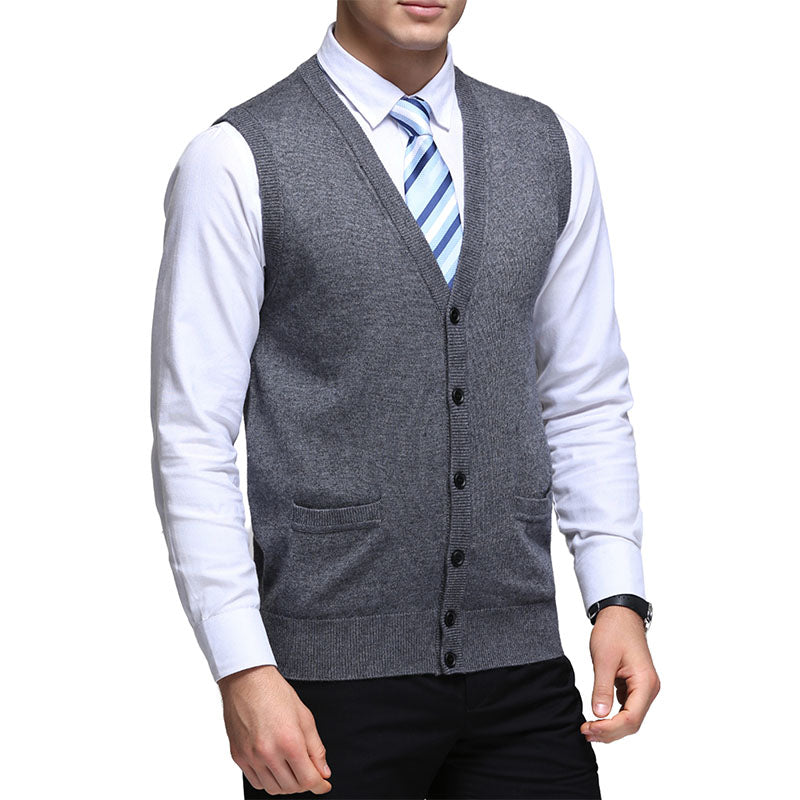 Hanerdun Men Knit Cardigan Vest Male Wool Blend V-Neck Pocket Sleeveless Sweaters