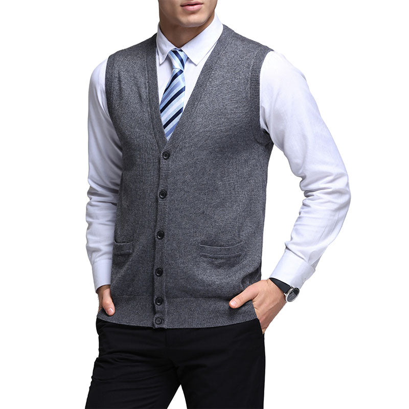 Hanerdun Men Knit Cardigan Vest Male Wool Blend V-Neck Pocket Sleeveless Sweaters