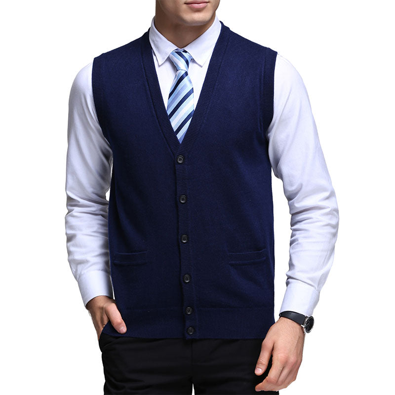 Hanerdun Men Knit Cardigan Vest Male Wool Blend V-Neck Pocket Sleeveless Sweaters