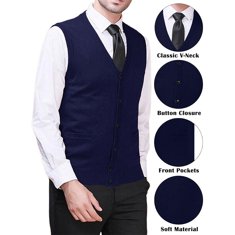 Hanerdun Men Knit Cardigan Vest Male Wool Blend V-Neck Pocket Sleeveless Sweaters