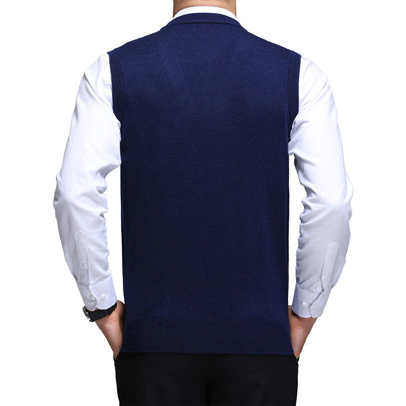 Hanerdun Men Knit Cardigan Vest Male Wool Blend V-Neck Pocket Sleeveless Sweaters