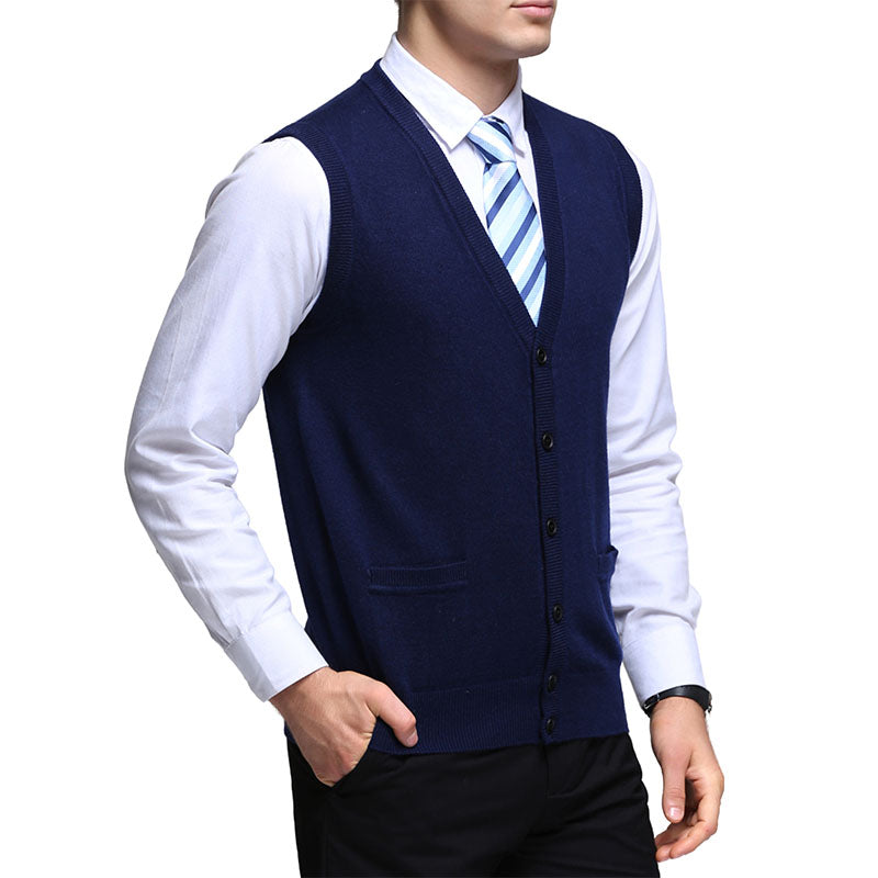 Hanerdun Men Knit Cardigan Vest Male Wool Blend V-Neck Pocket Sleeveless Sweaters