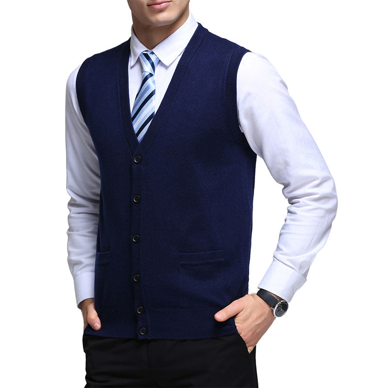 Hanerdun Men Knit Cardigan Vest Male Wool Blend V-Neck Pocket Sleeveless Sweaters