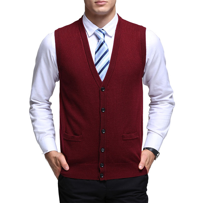 Hanerdun Men Knit Cardigan Vest Male Wool Blend V-Neck Pocket Sleeveless Sweaters