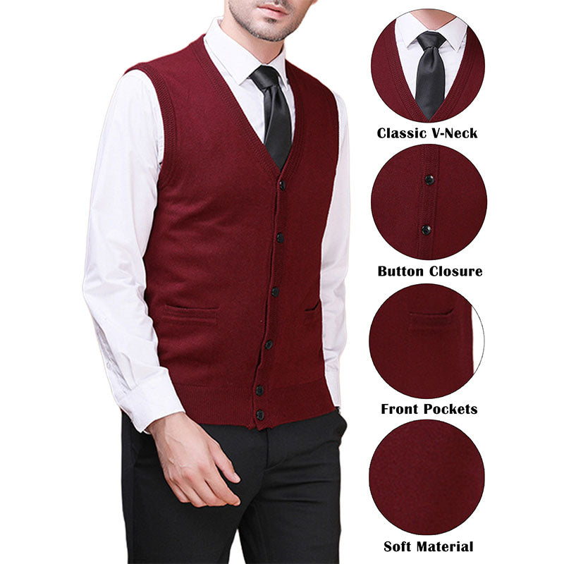 Hanerdun Men Knit Cardigan Vest Male Wool Blend V-Neck Pocket Sleeveless Sweaters