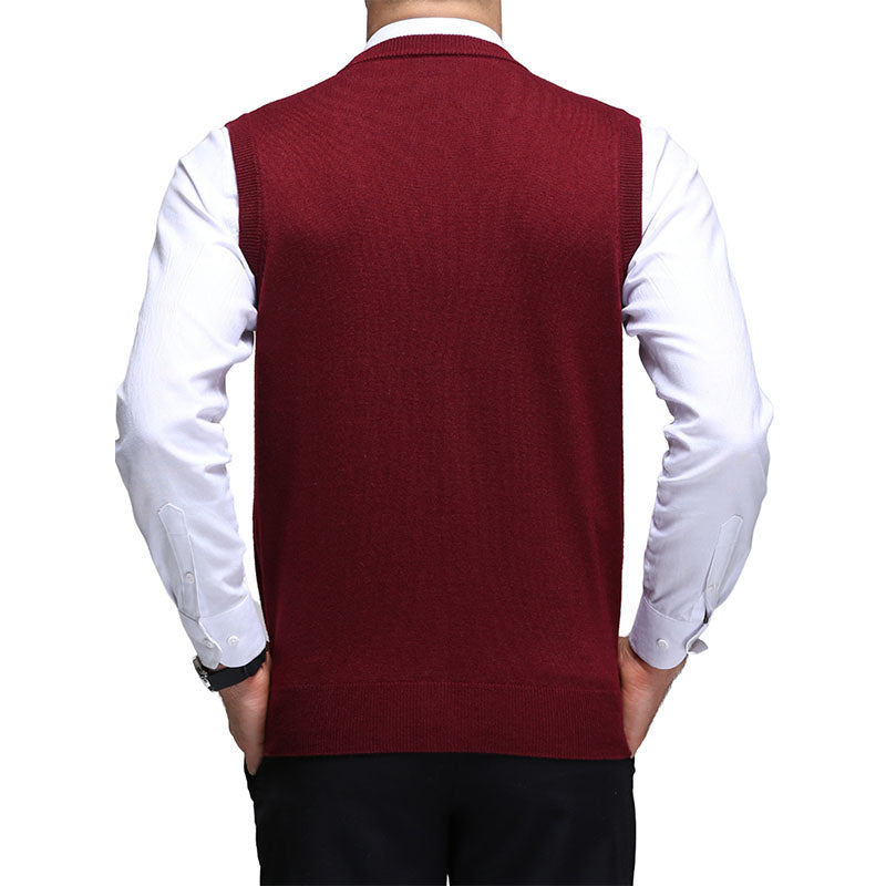 Hanerdun Men Knit Cardigan Vest Male Wool Blend V-Neck Pocket Sleeveless Sweaters