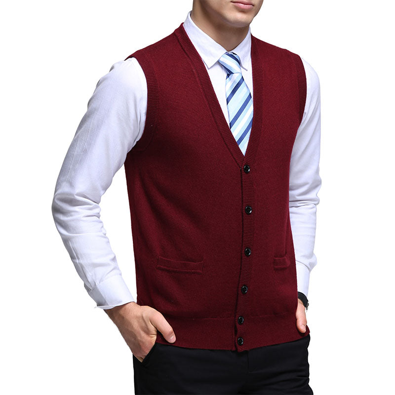Hanerdun Men Knit Cardigan Vest Male Wool Blend V-Neck Pocket Sleeveless Sweaters