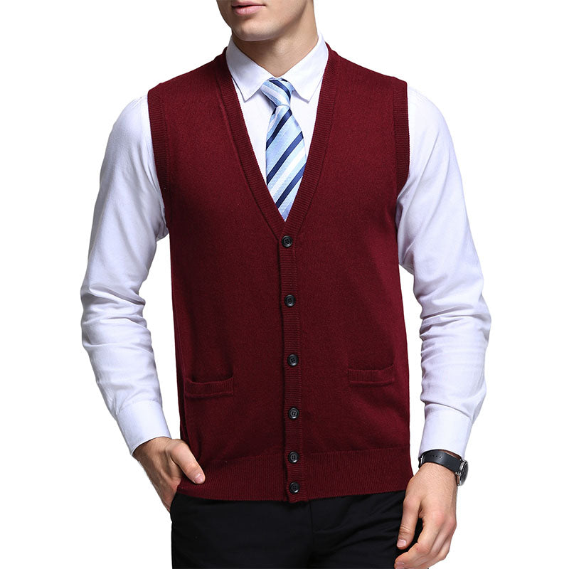 Hanerdun Men Knit Cardigan Vest Male Wool Blend V-Neck Pocket Sleeveless Sweaters