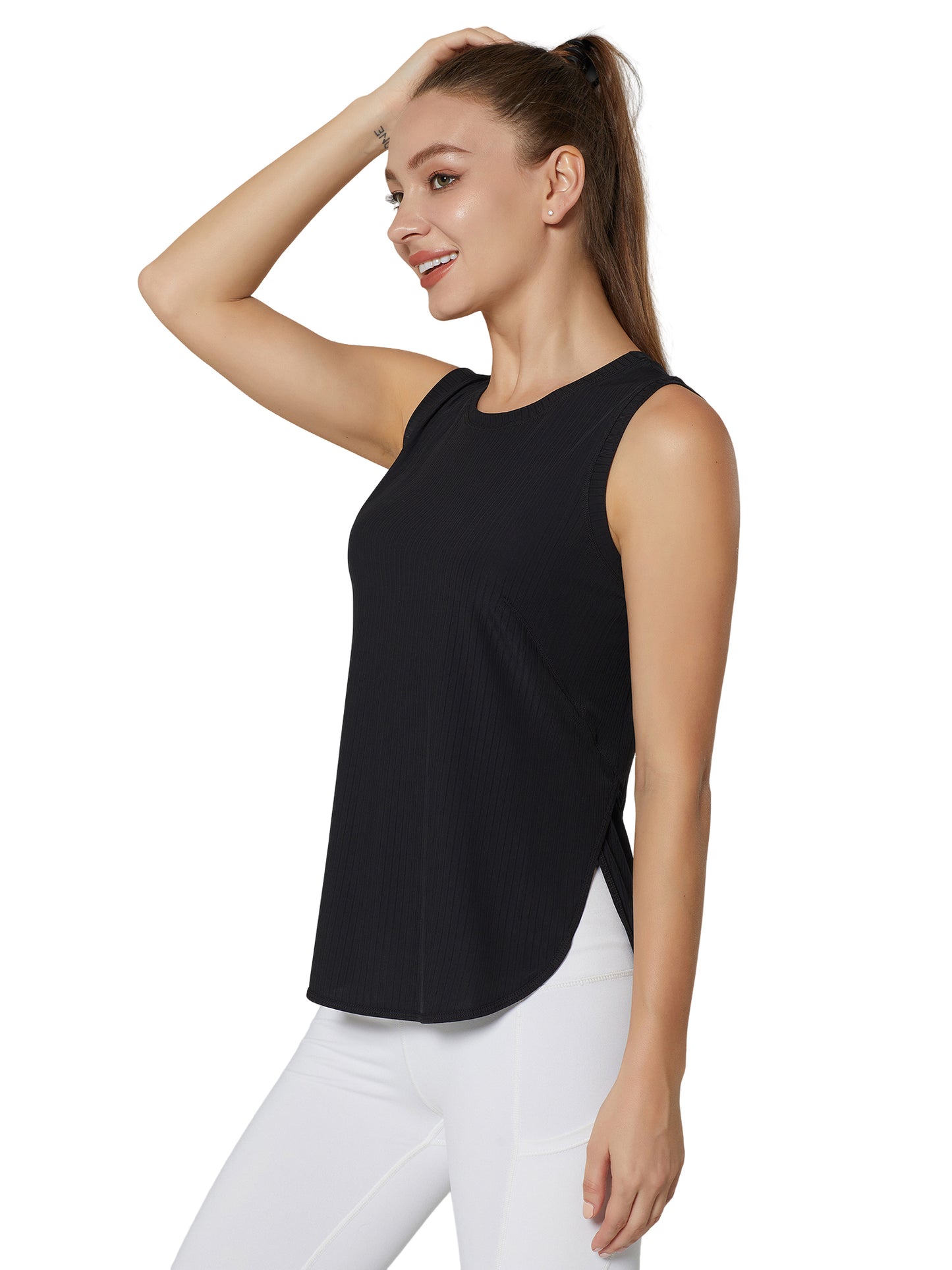 Hanerdun Athletic Tank Tops for Women Yoga Workout Shirts Side Slit Running Tee Activewear 2PCS