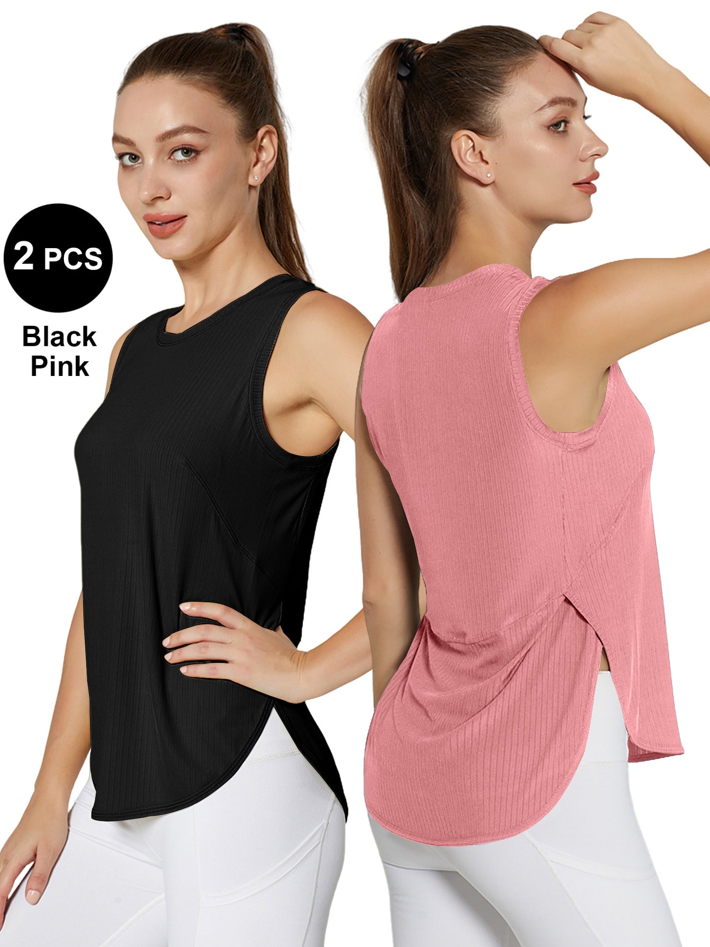 Hanerdun Athletic Tank Tops for Women Yoga Workout Shirts Side Slit Running Tee Activewear 2PCS