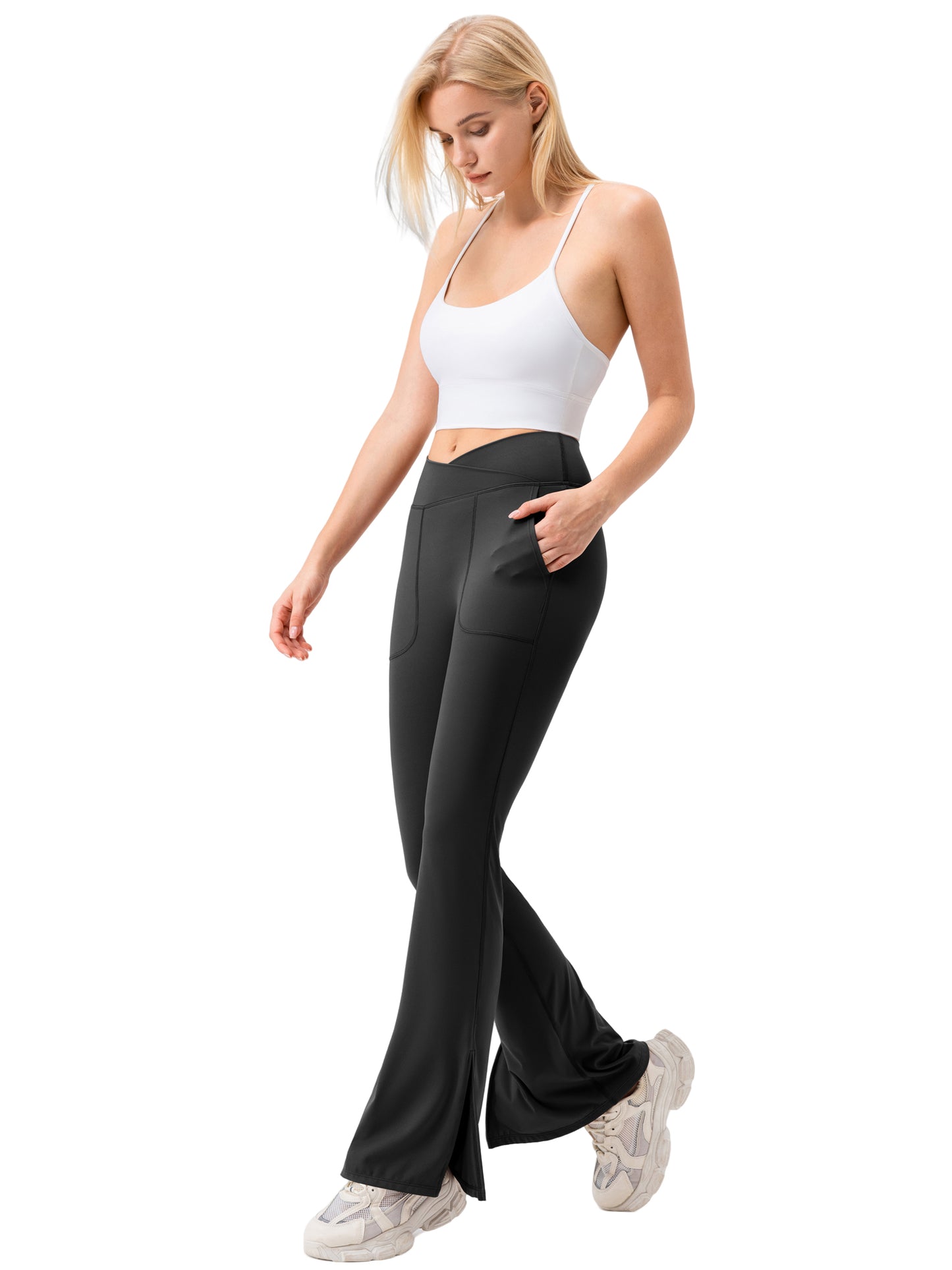Hanerdun Women Yoga Pants Bootcut Workout Pant Slit Hem High Waist Bottoms Activewear
