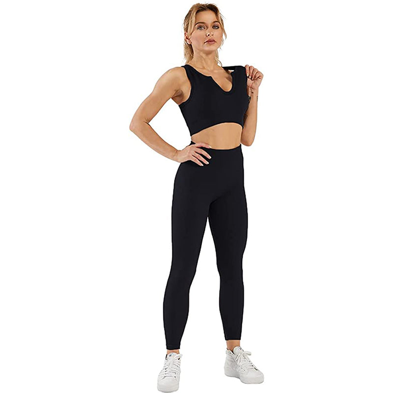 HANERDUN Women Workout Outfits 2 Piece Ribbed Seamless Crop Tank High Waist Leggings