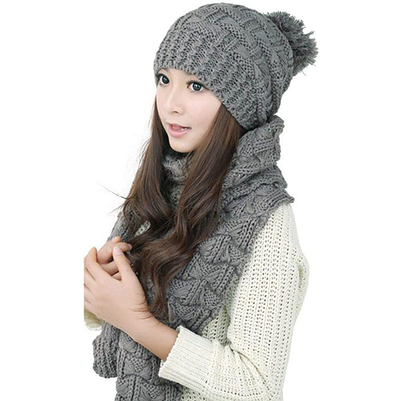 HANERDUN Women Girls Fashion Winter Warm Knitted Hat Beanie Hat Scarf Set