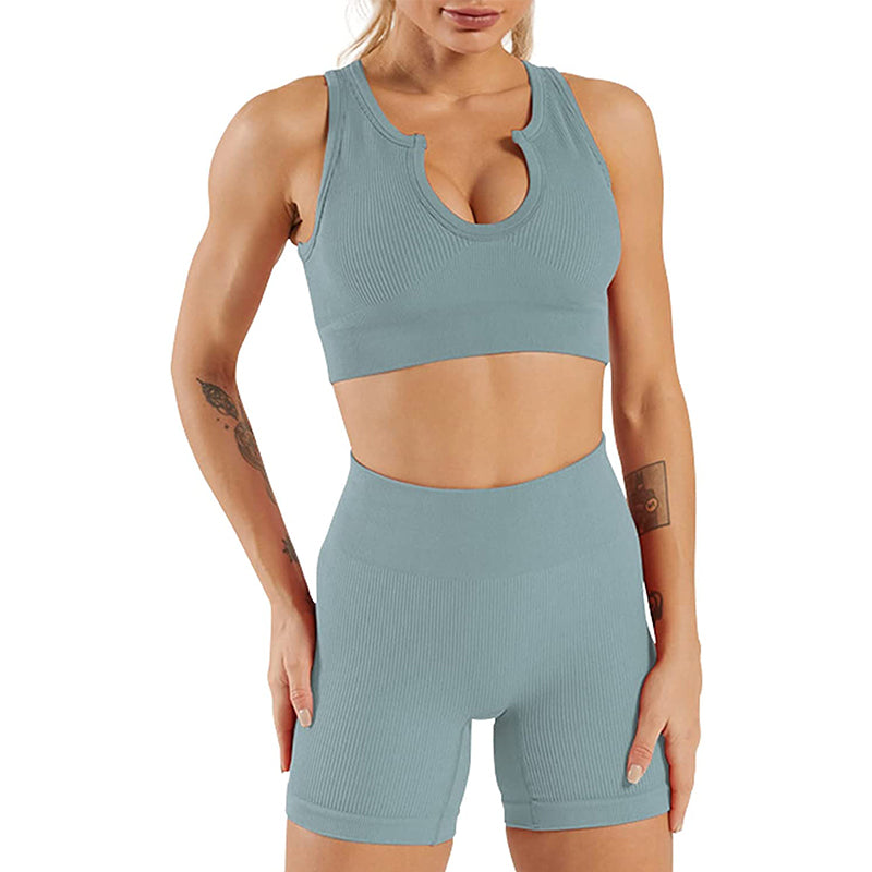 HANERDUN Women Workout Outfits 2 Piece Ribbed Seamless Crop Tank High Waist Leggings