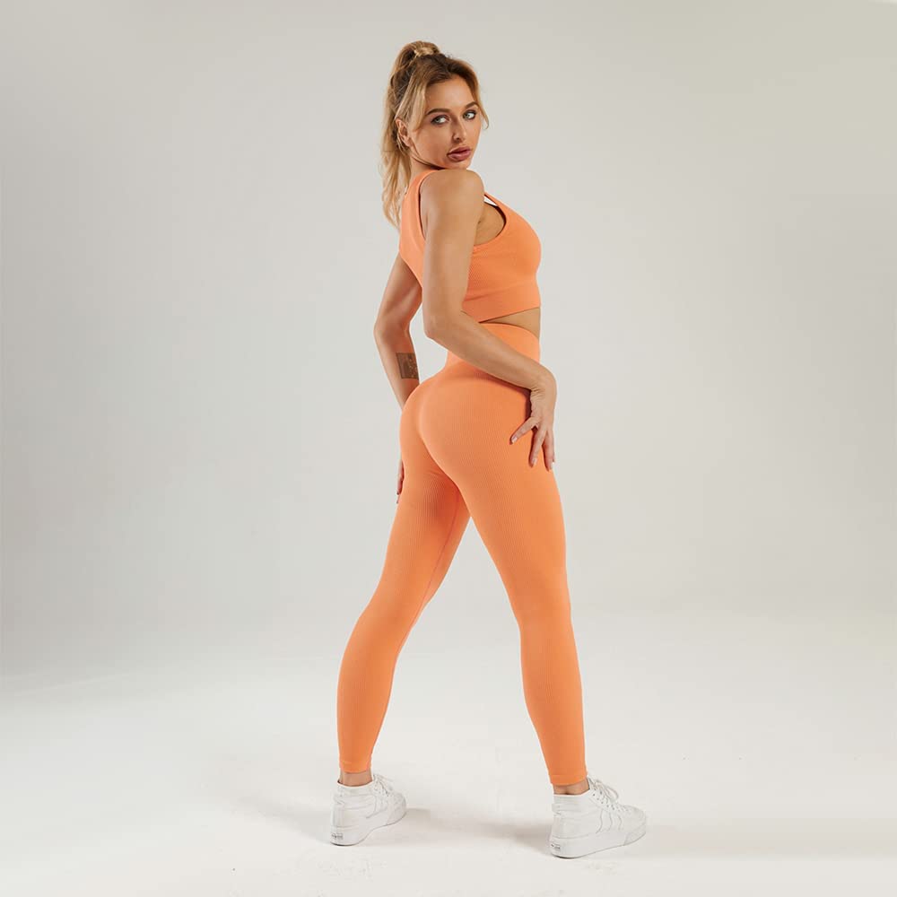 HANERDUN Women Workout Outfits 2 Piece Ribbed Seamless Crop Tank High Waist Leggings