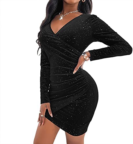 HANERDUN Women's Long Sleeve Glitter Mini Wrap Dress V Neck Velvet Bodycon Ruched Cocktail Party Dresses