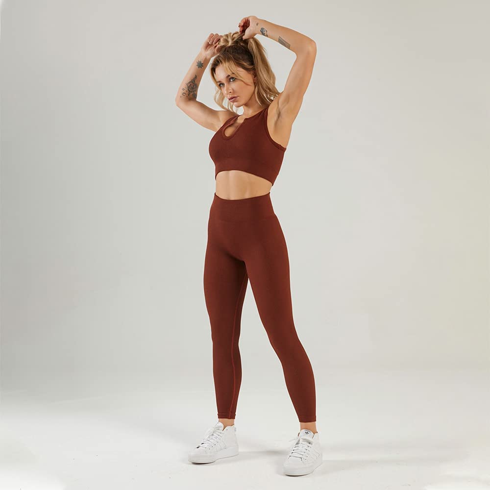 HANERDUN Women Workout Outfits 2 Piece Ribbed Seamless Crop Tank High Waist Leggings