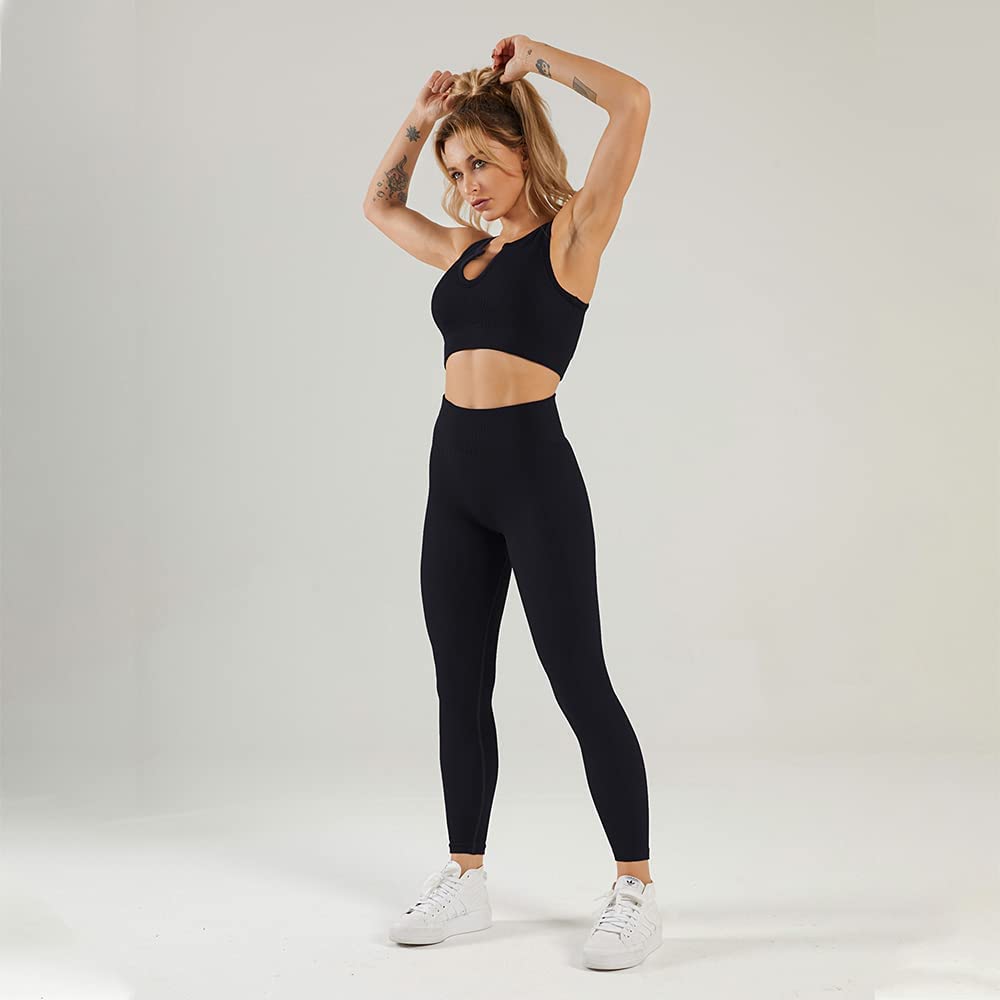 HANERDUN Women Workout Outfits 2 Piece Ribbed Seamless Crop Tank High Waist Leggings