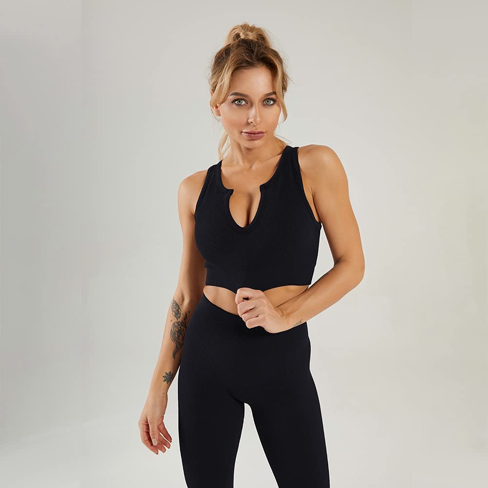 HANERDUN Women Workout Outfits 2 Piece Ribbed Seamless Crop Tank High Waist Leggings