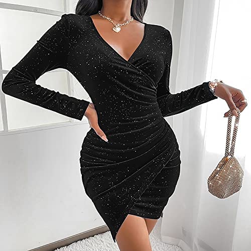 HANERDUN Women's Long Sleeve Glitter Mini Wrap Dress V Neck Velvet Bodycon Ruched Cocktail Party Dresses