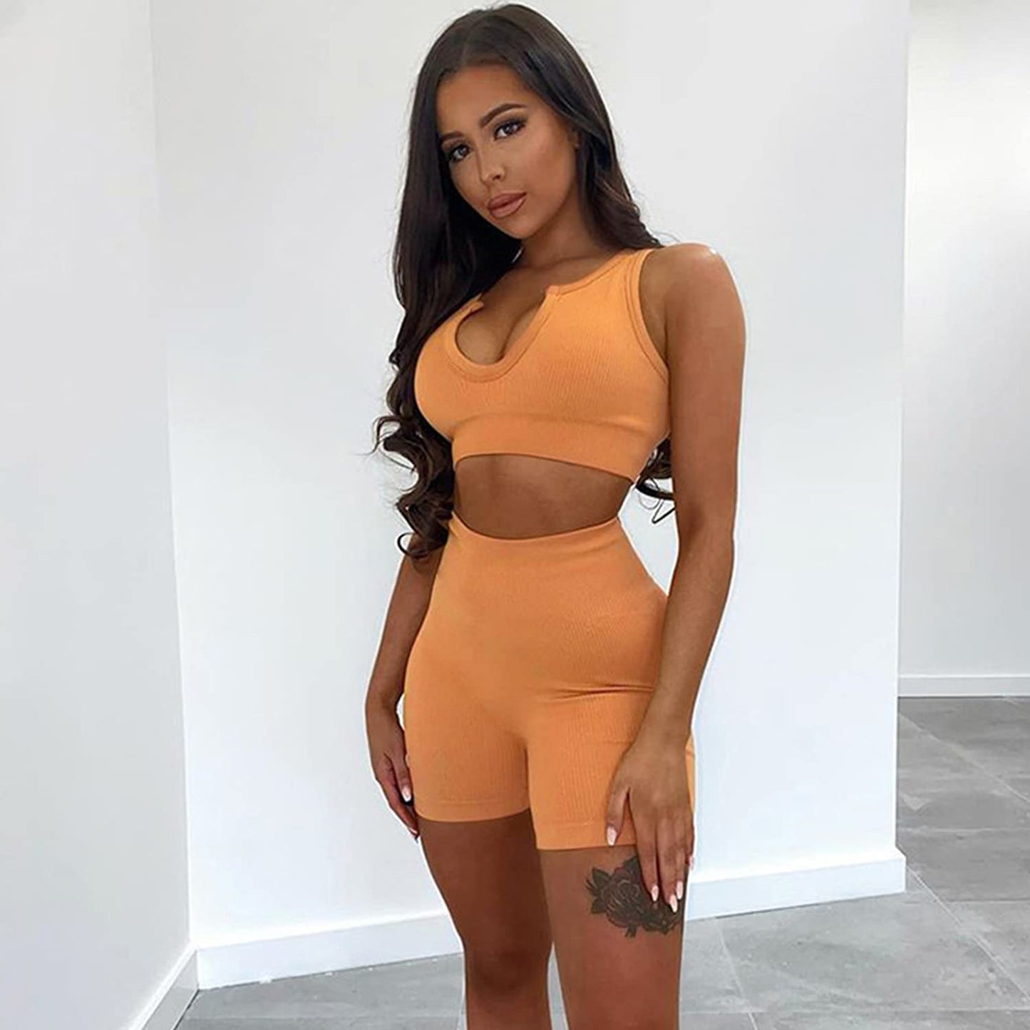 HANERDUN Women Workout Outfits 2 Piece Ribbed Seamless Crop Tank High Waist Leggings