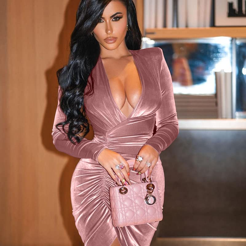 HANERDUN Women's Long Sleeve V Neck Ruched Bodycon Wrap Sexy Cocktail Club Mini Dress