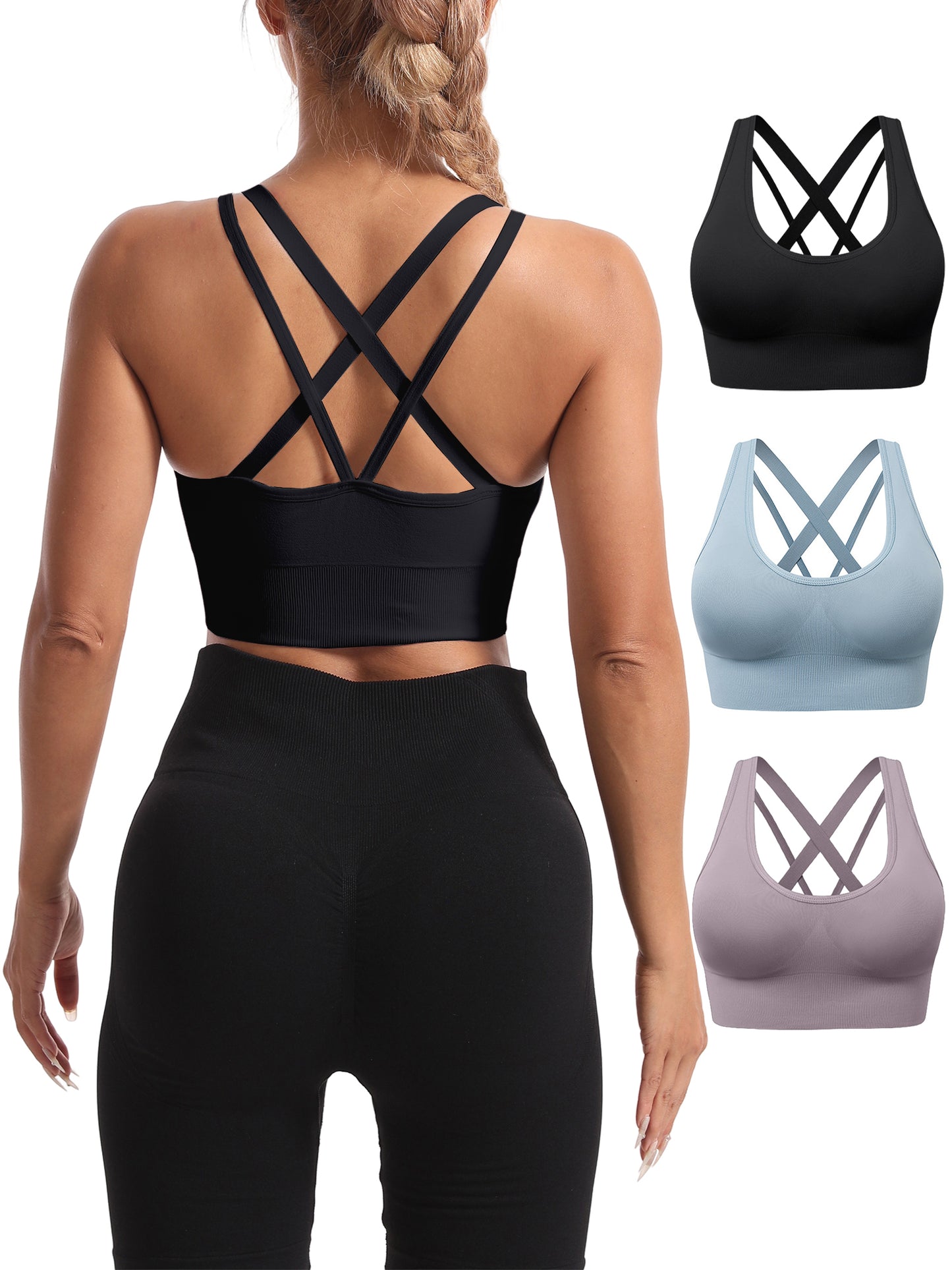 Hanerdun Women's Padded Sports Bras Seamless Crossback Yoga Running Workout Bra