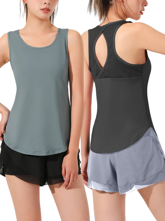Hanerdun Womens Workout Yoga Tank Tops Open Back Running Athletic Shirts Activewear 2PCS
