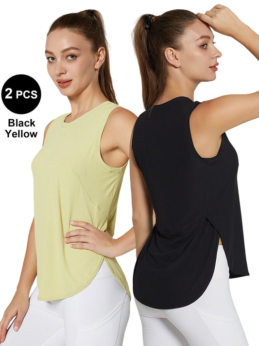 Hanerdun Athletic Tank Tops for Women Yoga Workout Shirts Side Slit Running Tee Activewear 2PCS