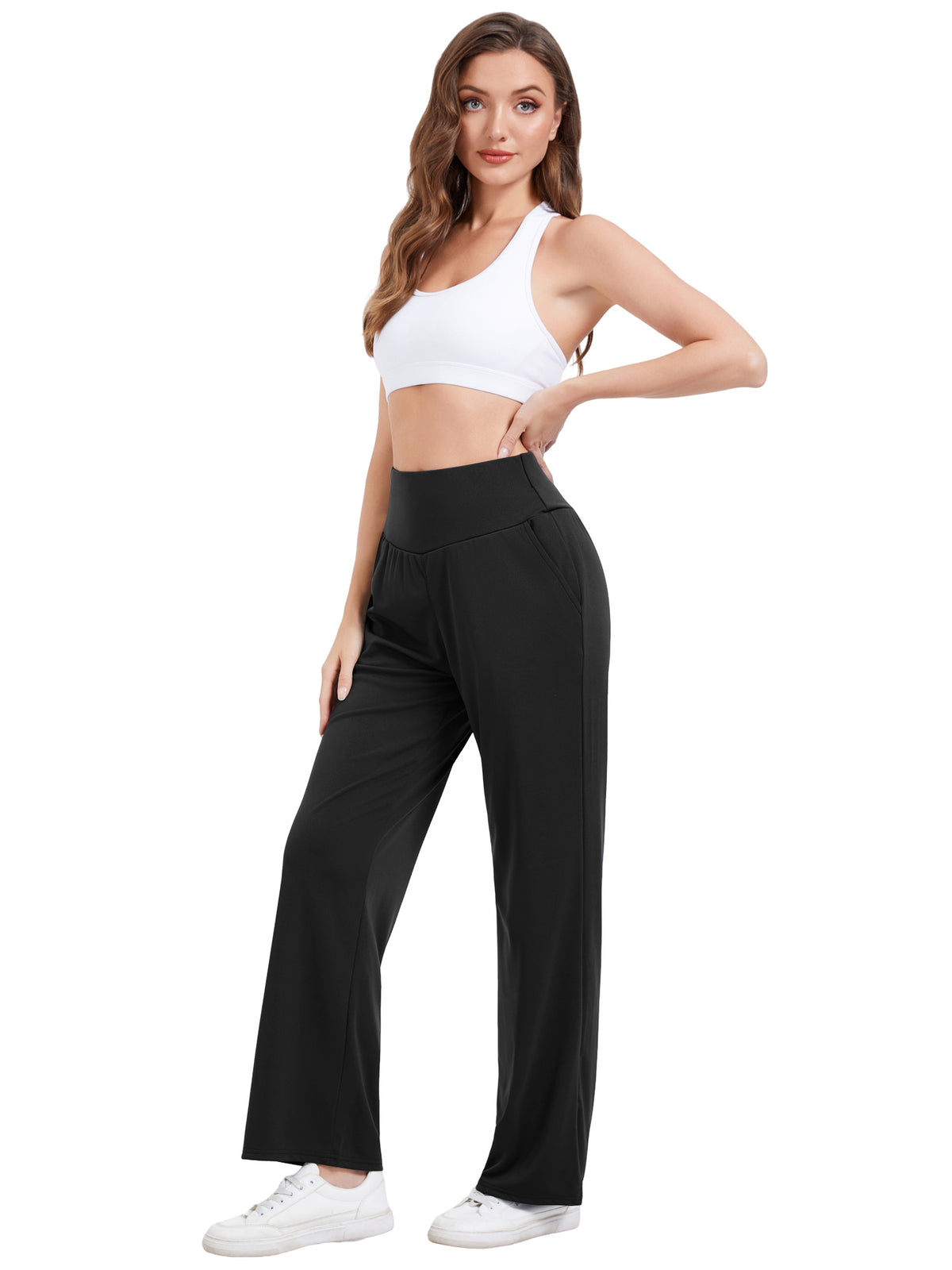 Hanerdun Womens Yoga Pants Bottoms with Pockets Wide Leg High Waist Workout Activewear