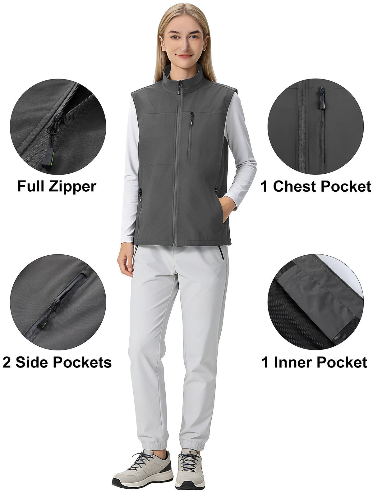 Hanerdun Womens Vest with Zipper Pocekts Lightweight Waterproof Windproof Sleeveless Jacket Hiking Golf Running Travel