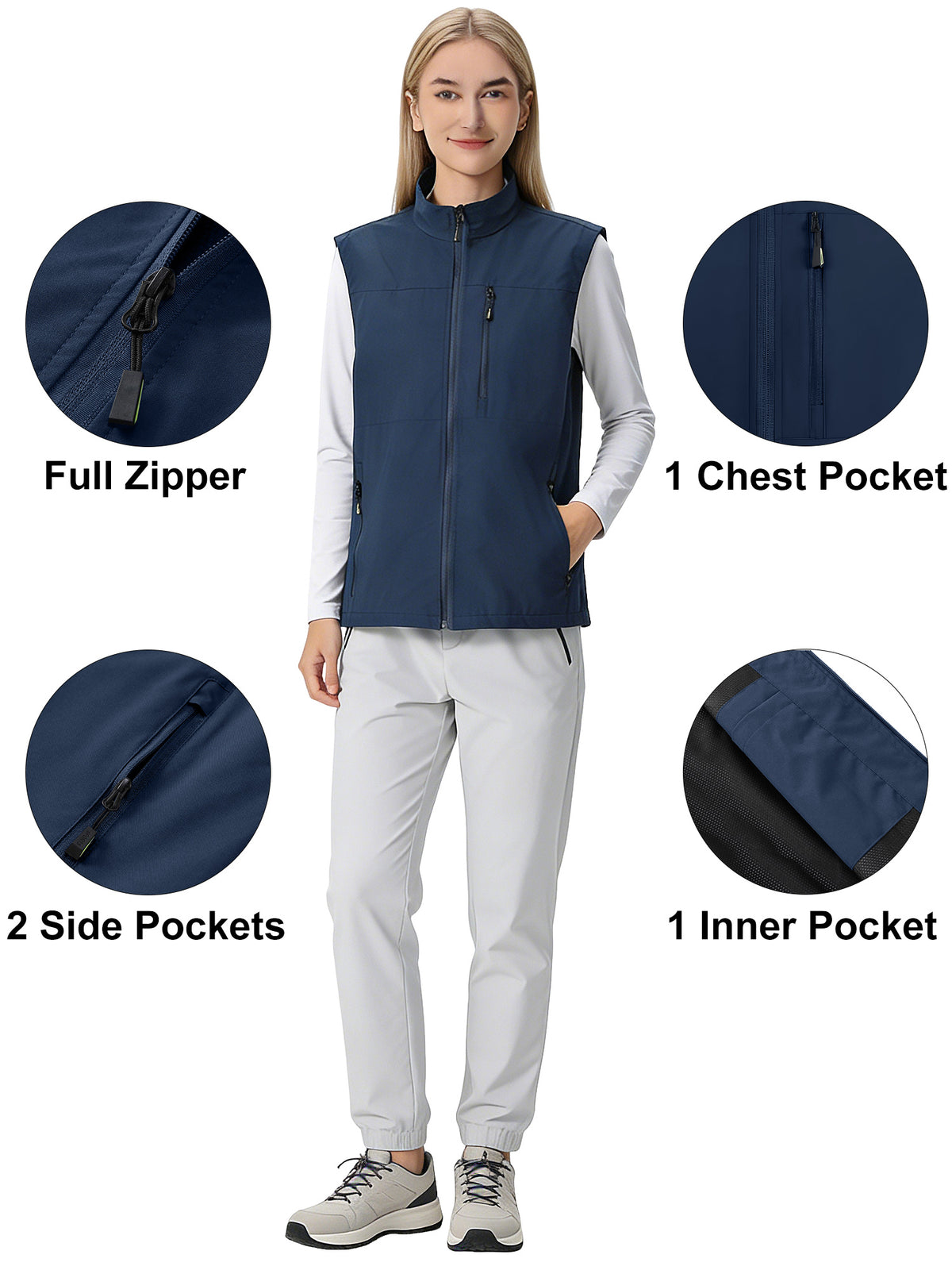 Hanerdun Womens Vest with Zipper Pocekts Lightweight Waterproof Windproof Sleeveless Jacket Hiking Golf Running Travel